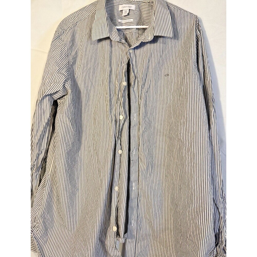 Calvin Klein Men's Dress Shirt Office Slim Fit XXL 2X White Navy Stripes Preppy